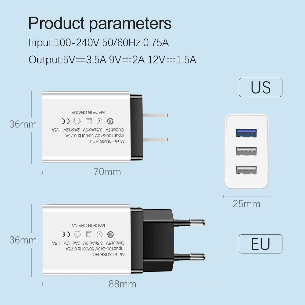 3 Ports USB Charger Fast Charging Wall Mobile Phone Charger For iphone Samsung S10 S9 Plus Xiaomi Huawei P20 USB Power Adapter