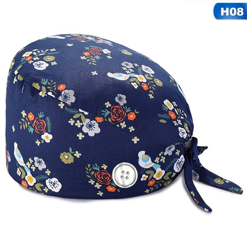 Flower Scrub Cap Pattern Nursing Work Hat Veterinarian Women Men Cotton Tie Back Washable SPA Beautician Chef Skull Cap: 8