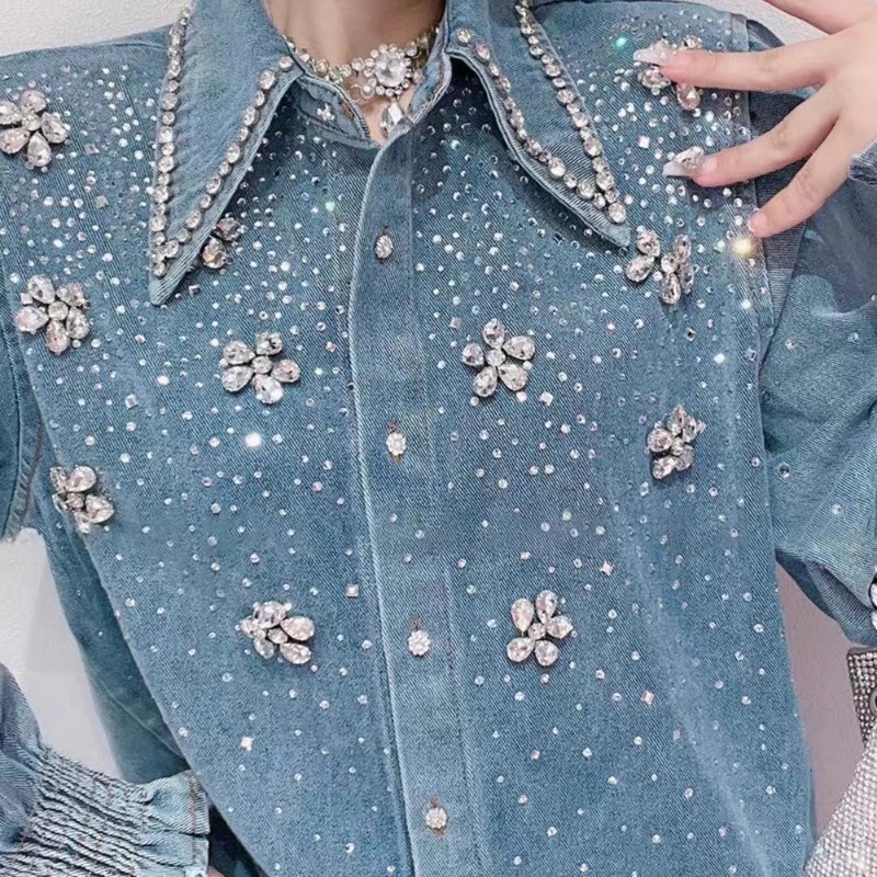 Eleganta kvinnor diamanter pärlblommor jeansblusar strass jeansskjortor paljettkofta kristall ytterkläder borrningstoppar blusor