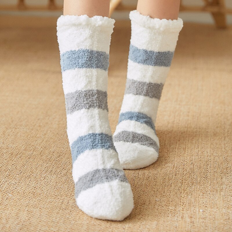 Dames zoete pantoffels sokken antislip print streep winter warme polyester huissokken dames zachte thermische vloer badstof sokken: Grijs