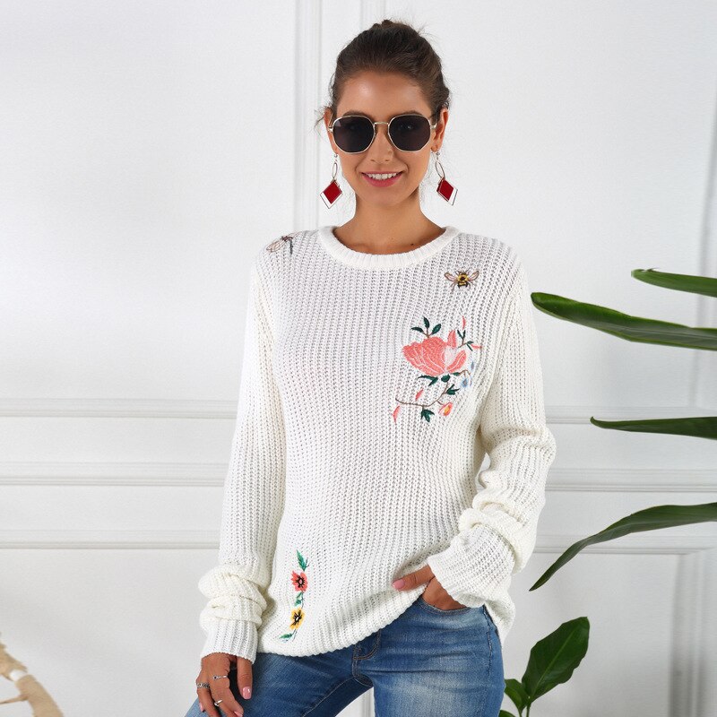 Geborduurde Trui Lange Mouwen Womens Casual Brand Lange Mouwen Vrouwen Trui Slim Ronde Hals Vrouwen Trui Pullover: 001 / XL