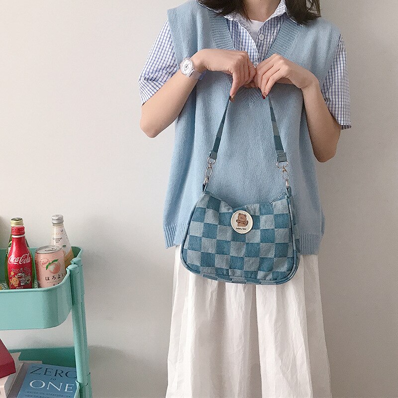 Vrouwen Denim Hobos Handtassen Eenvoudige Plaid Dames Schouder Onderarm Zakken Kleine Draagbare Vrouwelijke Portemonnees Telefoon Pouch