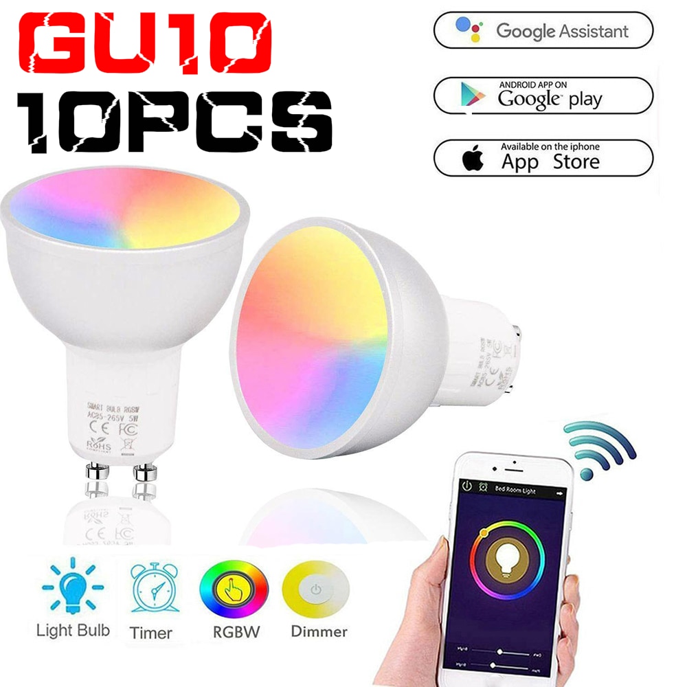 10PCS Smart Bulb WiFi GU10 RGBW 5W Led Dimbare Afstandsbediening Door Smartphone Tablet Compatibel met Alexa & google Thuis