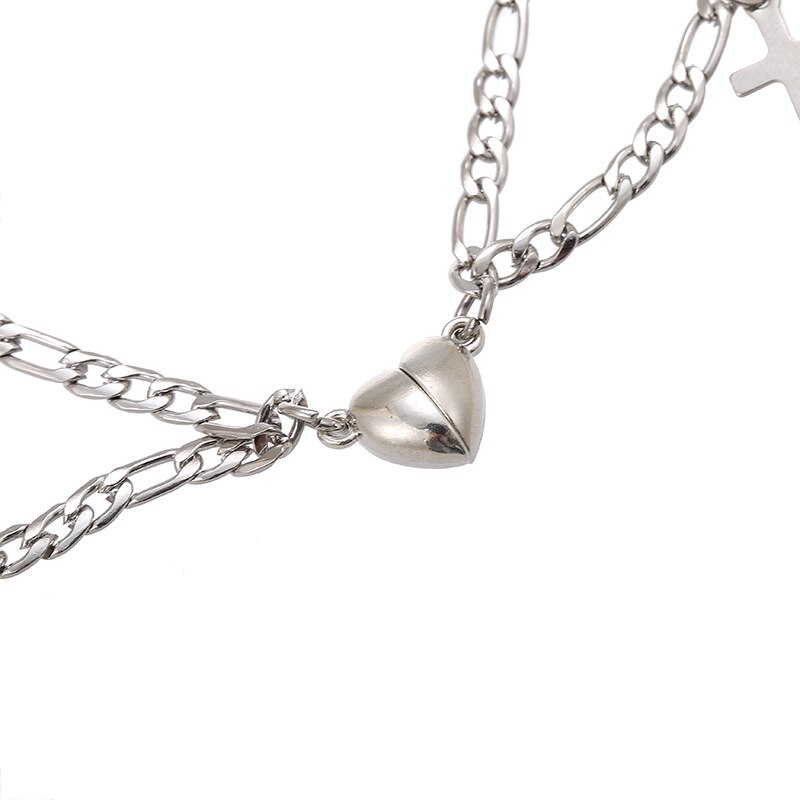2 pieces/lot of lovers with heart-shaped magnetic pull bracelet stainless steel cuban chain charm couple