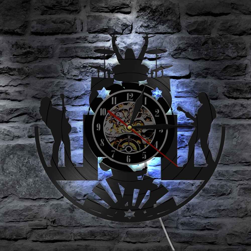 Rock Band Music Group Wall Clock Modern LED Night Light Rock Band Drummer Guitarist Vinyl Record Wall Clock reloj pared