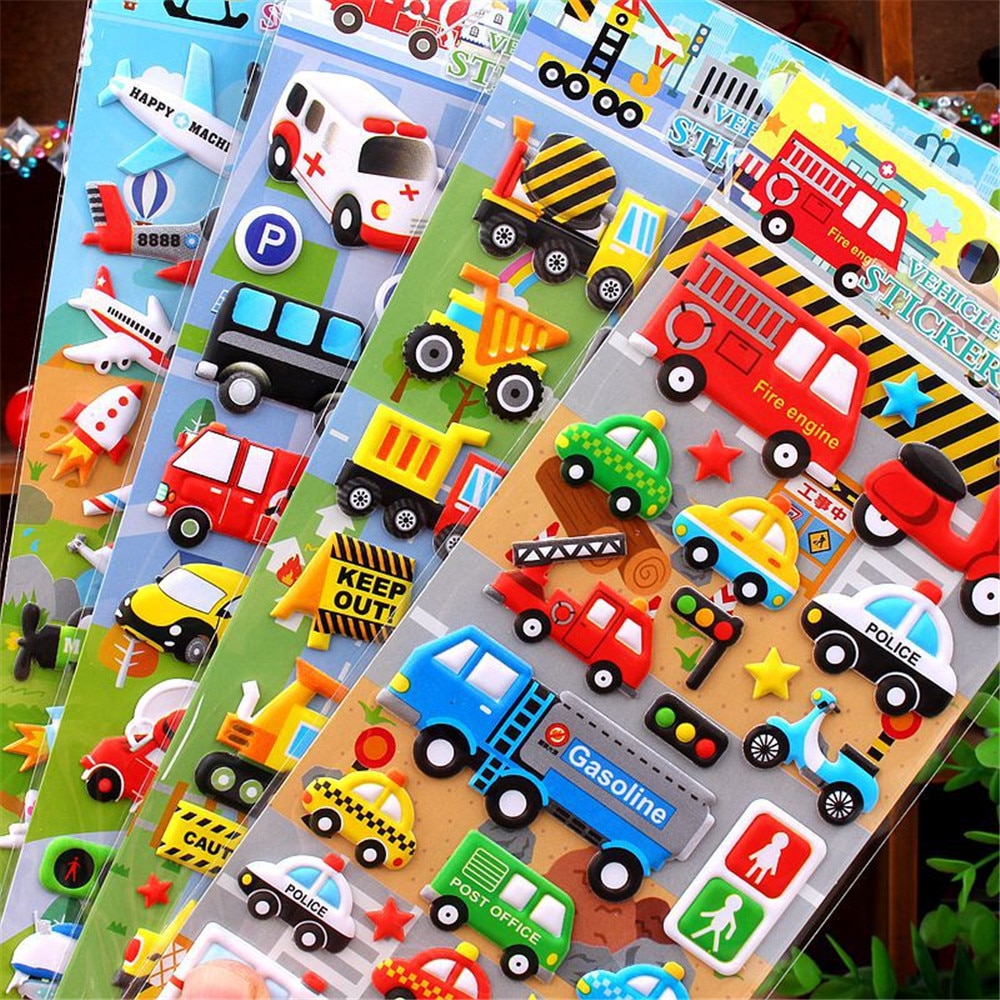 4 Vellen Kinderen Puzzel Cartoon Auto Sticker Toy Puffy Sticky 3D Auto Vrachtwagen Bubble Sticky Papier Schilderen Speelgoed Voor Jongens meisjes