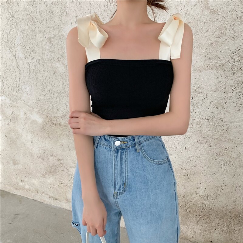 Ærmeløs crop top camis sort off shoulder sommer stil mærke koreansk tøj spaghetti rem til kvinder og #39 t-shirts
