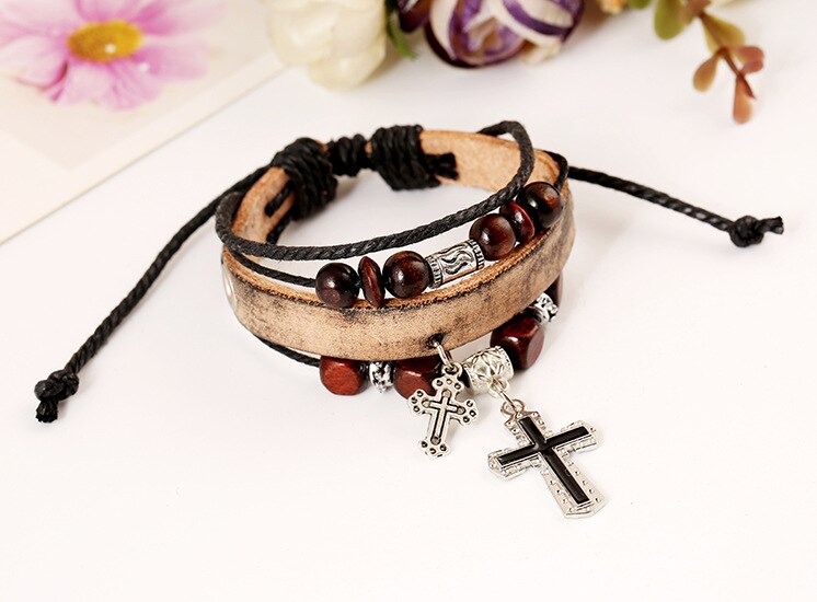 4 Layers Charm Bracelet for Women Men Leather Rope String Beads Jesus Christ Cross Jewelry 17cm Adjustable Handmade: khaki