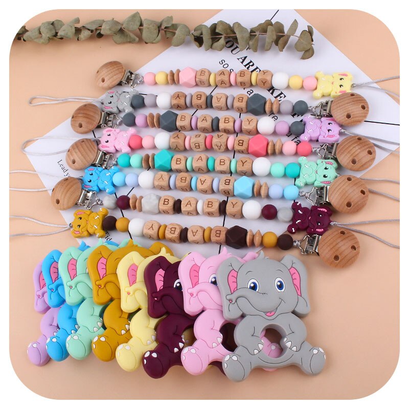 Cute Elephant Baby Infant Chewing Silicone Pacifier Soother Dummy Clips Chain Set Newborn Baby