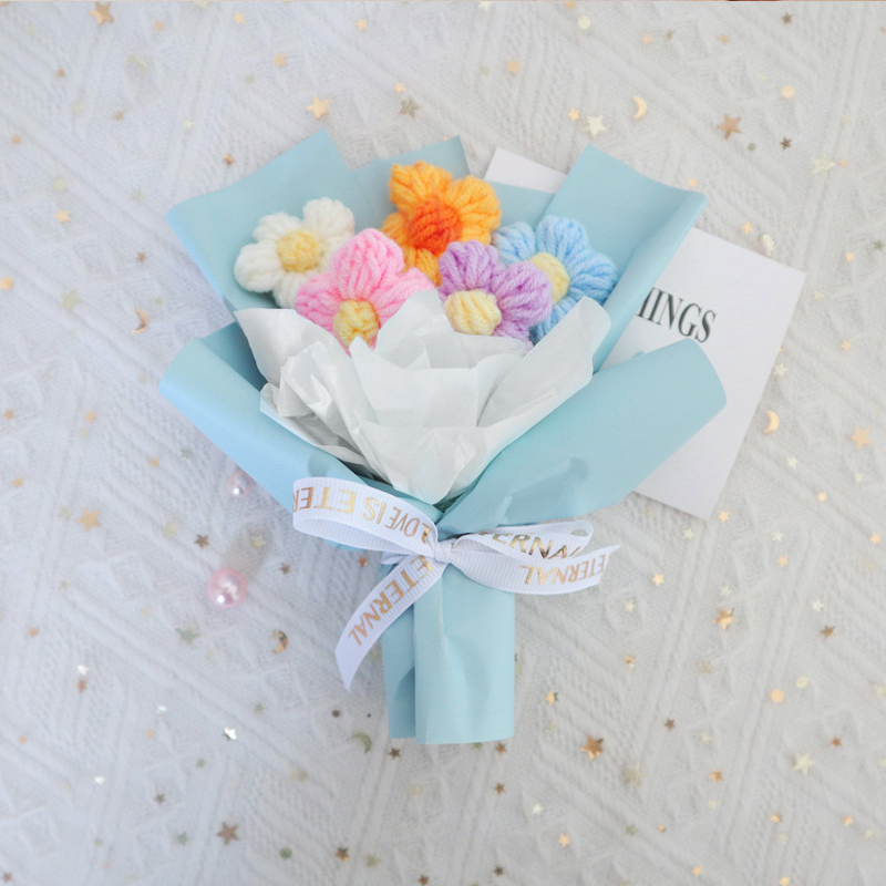 Mini buquê de flores de tricô feito à mão, buquê de flores de crochê com acabamento, caixa de presente para festa de casamento, acompanha buquê pequeno: Cinza claro