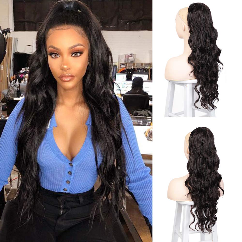 Stamped Glorious Synthetic Drawstring Ponytail Long Wavy Ponytail Hair Clip in Hairpiece Black Wavy Ponytail for Black Women: 1B