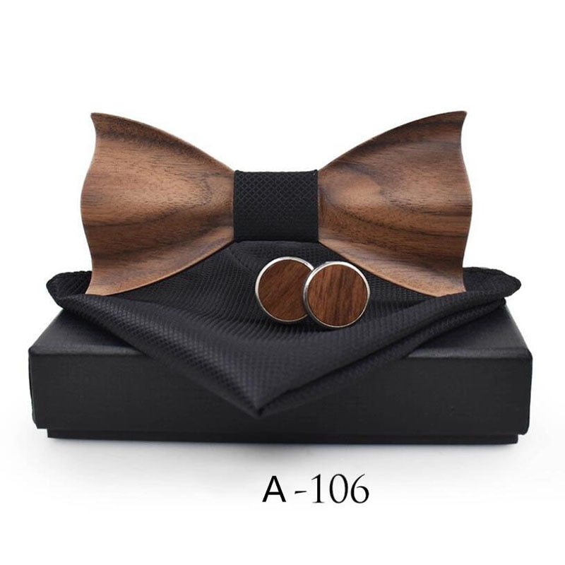 RBOCOTT pajarita de madera hecha a mano juego de gemelos y pañuelo pajarita 3D para hombres bolsillo de madera cuadrado con caja de para la boda de los hombres