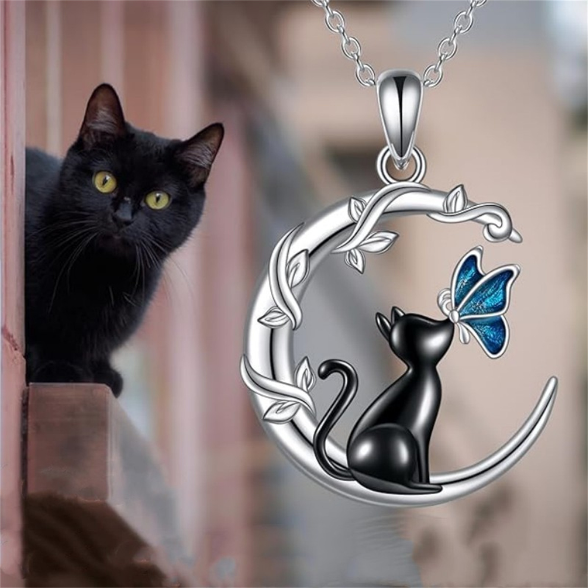 Vintage lindo negro pequeño gato mariposa Luna colgante collar para mujer gótico de Animal gatito clavícula cadena gargantilla joyería