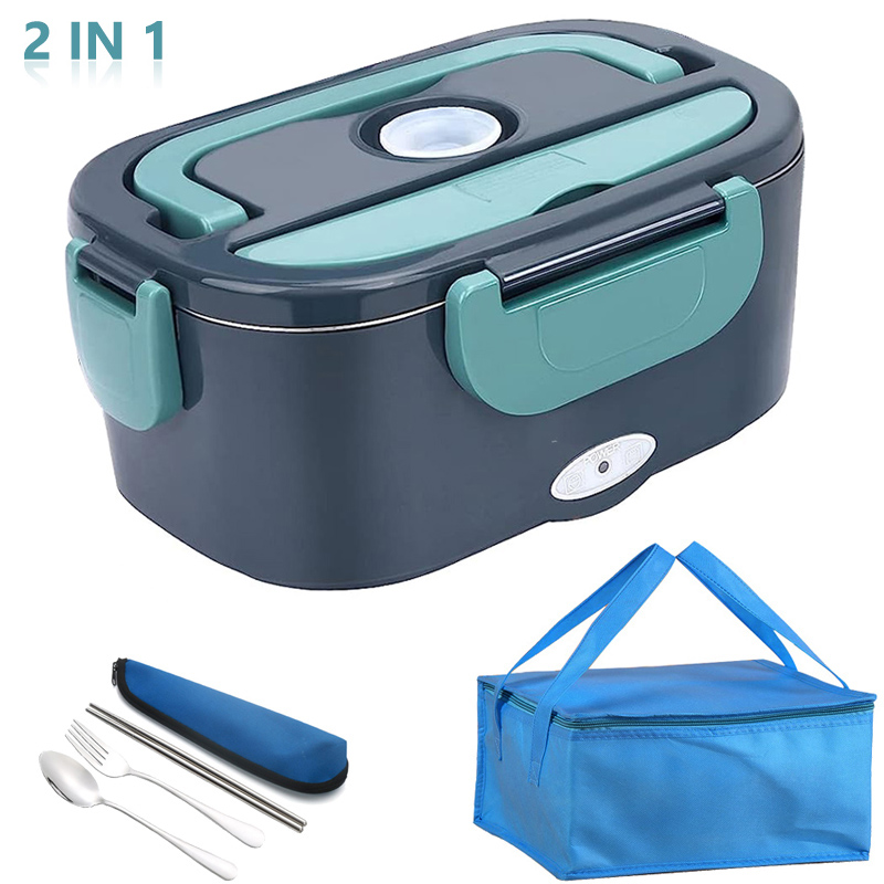220V 110V 12V 24V Dual Use Home Car Electric Heating Lunch Box Leakproof Portable Food Warmer Heated Container Stainless Steel: Blue / 2