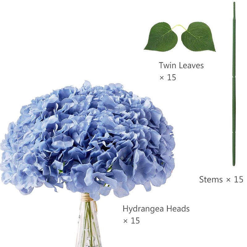 Silk Hydrangea Flowers Artificial Flowers Heads with Twin Leaves and Stems for Home Wedding Party Decorations: Light Blue