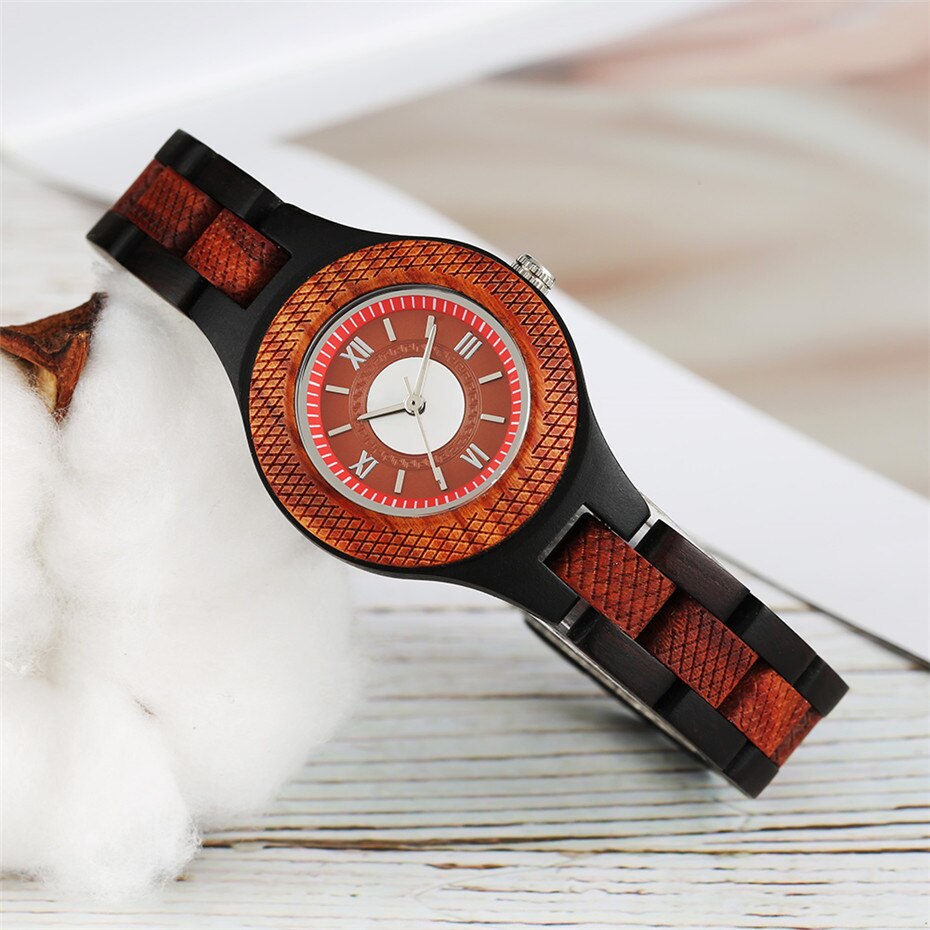 Dameshorloge met kleine wijzerplaat, kwarts, dunne houten band, dameshorloge, armband, rode damesklok voor meisjes