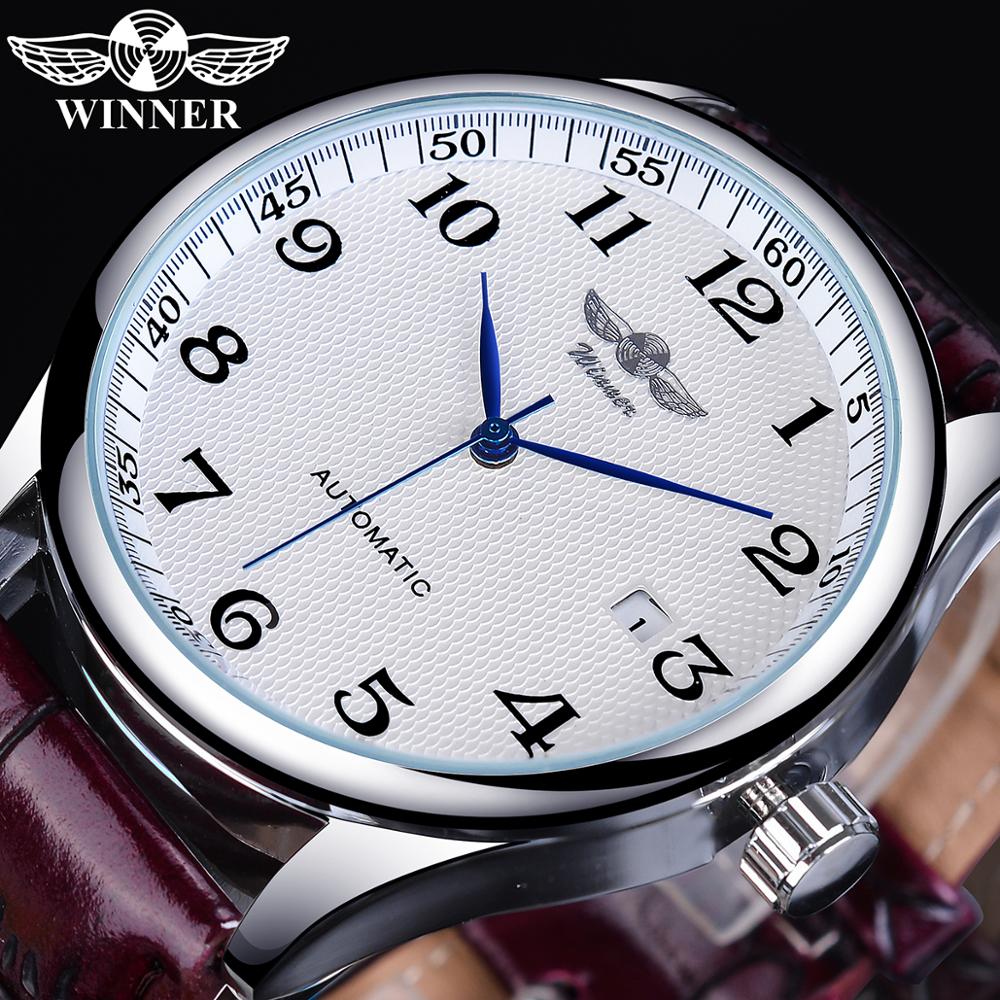 Winnaar Retro Klassiek Kalender Casual Riem Blauwe Handen Herenmode Automatische Mechanische Horloges Topmerk Luxe Relogios