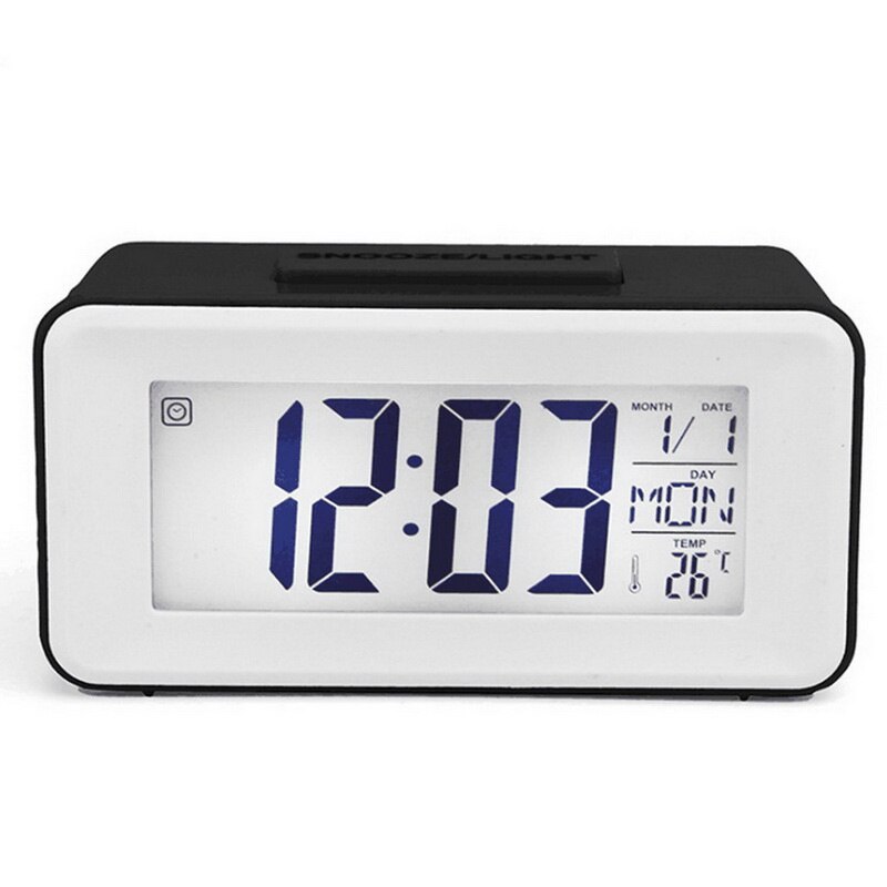 LED Digital Alarm Clock Electronic Clock Smart Mute Backlight Display Temperature & Calendar Snooze Function Alarm Clock: 2-Black