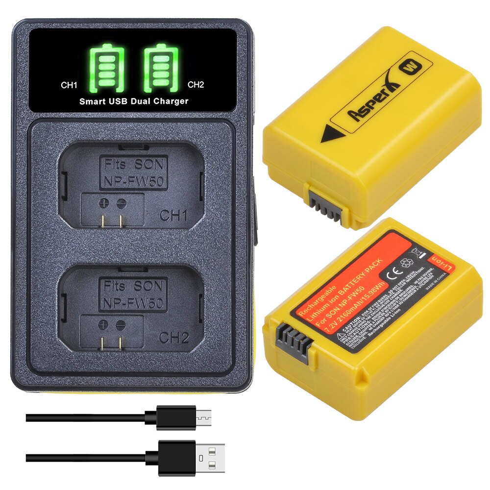 2160 mah gult np -fw50 batteri til sony np  fw50, a6000, a6500, a6300, a6400, a7, a7ii, a7r ii , a55,  nex -3n, rx10 iii , rx10 mk iv: 2 batteri og oplader