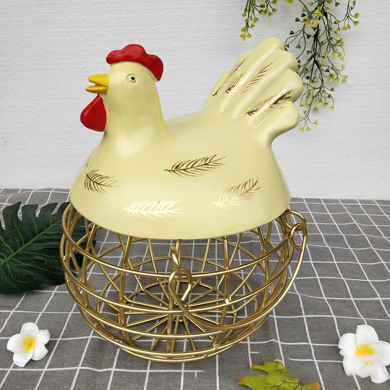 Æg frugt metal opbevaring kurv keramik med låg stor kapacitet mesh brød kurv høne ornament organizer køkken kurv: Gul 2