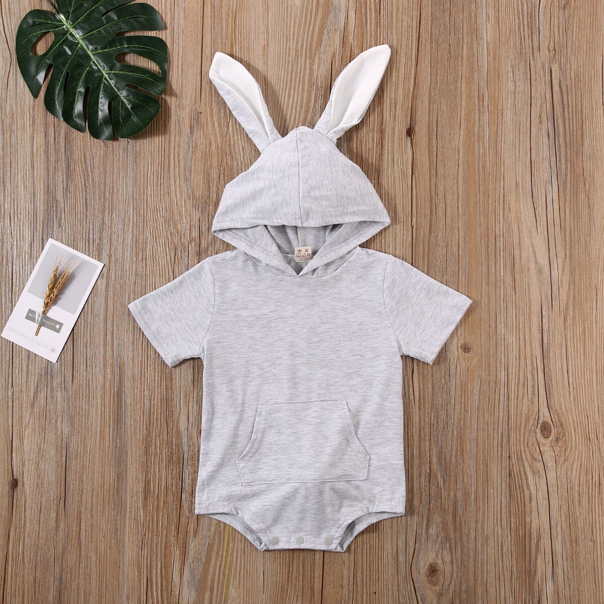 1st Easter Toddler Infant Baby Girl Boy Rabbit Bunny Ears Hooded Bodysuit Summer Solid Short Sleeve Jumpsuit Clothing Clothes: Gray / 3M