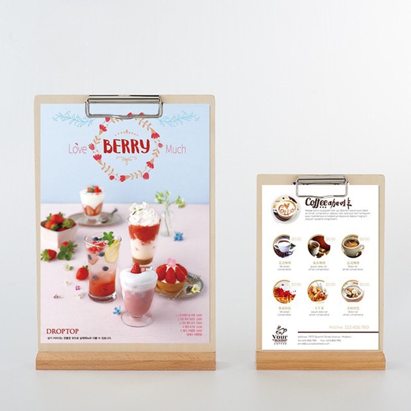 A5 trä affisch menyhållare magert till plexiglas broschyr display stativ pappershållare clipboard för restaurang