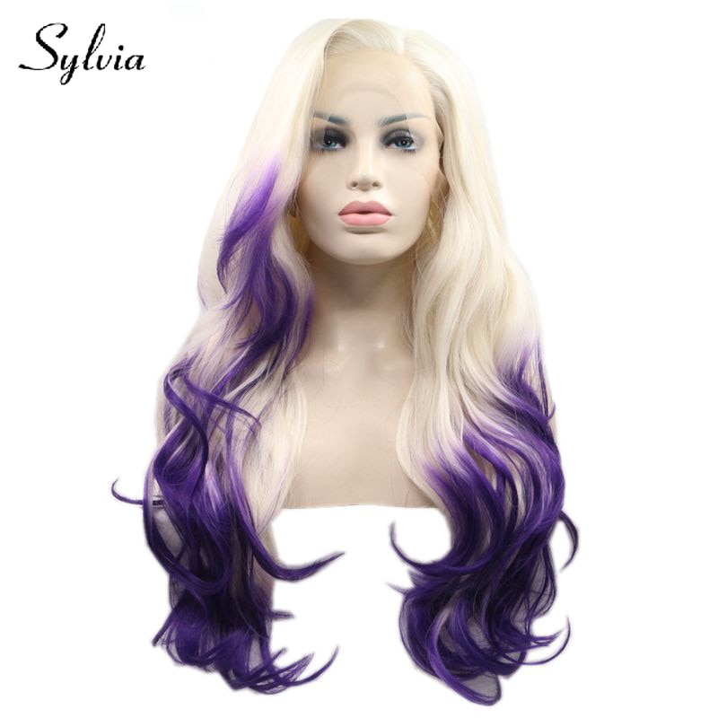 Sylvia platina blond med lila spetsar ombre body wave syntetisk spets främre peruker sidospår värmebeständigt fiberhår