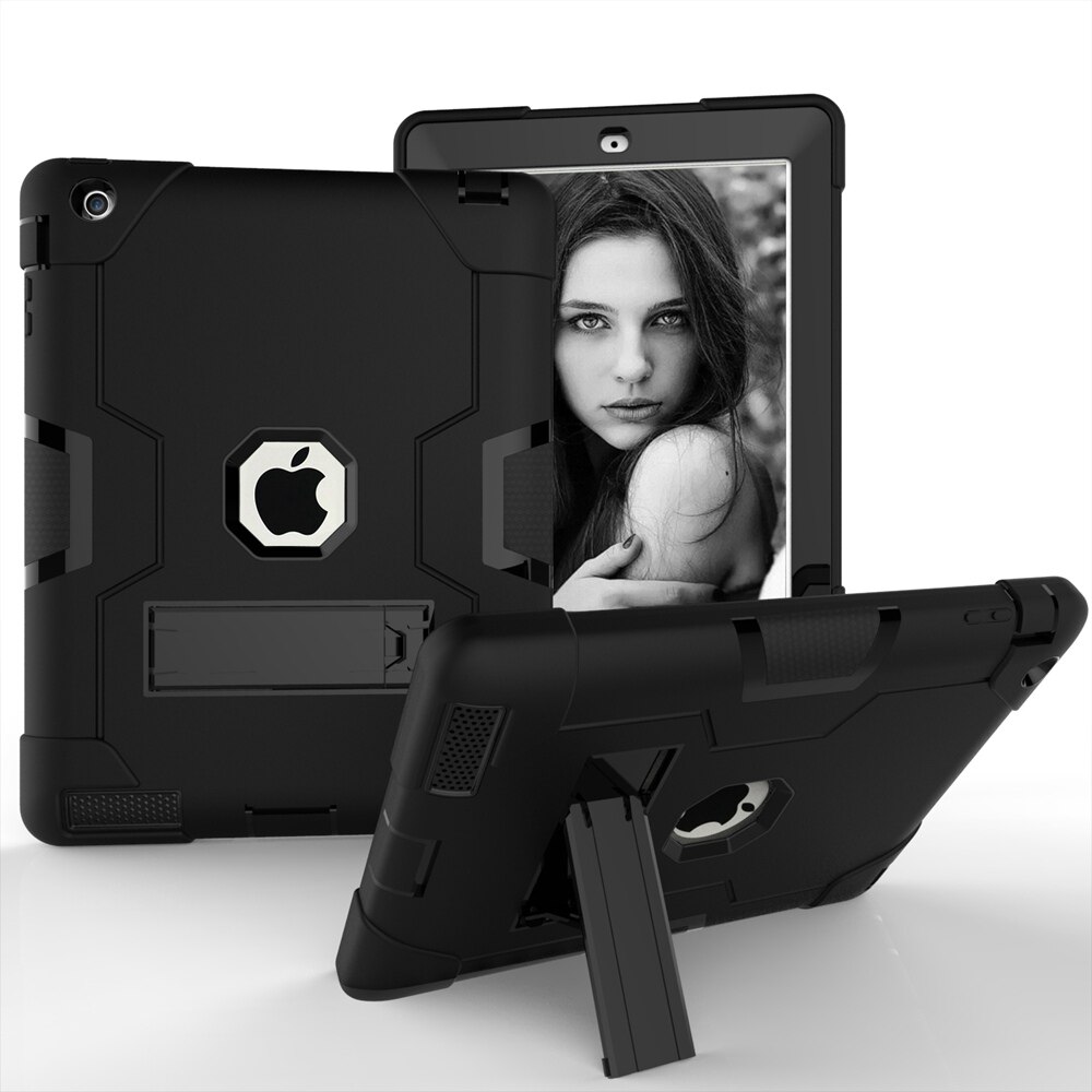 For Apple iPad 2 3 4 A1458 A1459 A1460 A1416 A1397 Case Shockproof Kids Safe PC Silicon Hybrid Stand Full Body Tablet Cover: Black - Black
