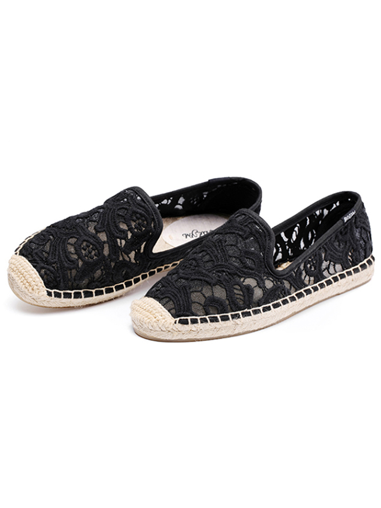 Women summer flat shoes round toe espadrilles loafer, lace upper smoking shoes: Black / 5