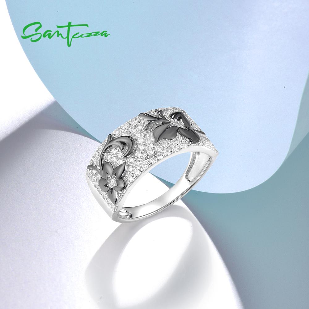 Santuzza anéis de prata para mulher pura 925 prata esterlina cintilante branco zircônia cúbica preto flores moda jóias finas