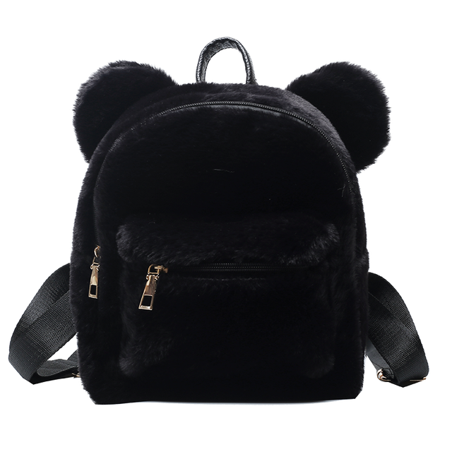 Urso impressão de pele do falso ombros saco urso orelhas de pelúcia mochila feminina bonito peludo saco novo inverno sacos para as mulheres 2022 novo: Black Backpack