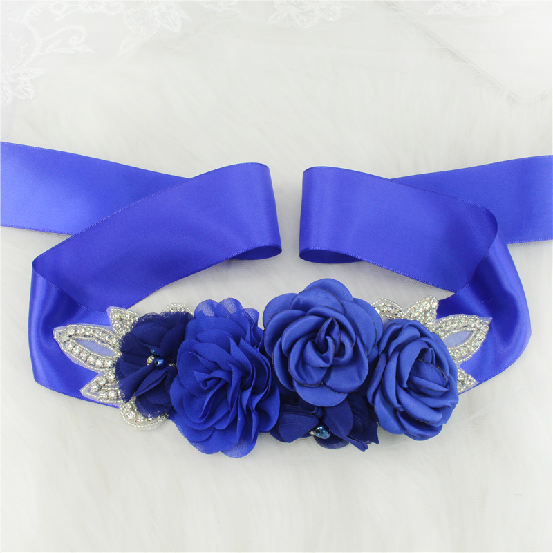Cinturones de boda con diamantes de imitación para mujer, accesorios de boda, banda de flores de satén, pretina para niña, cinturón de boda: Azul
