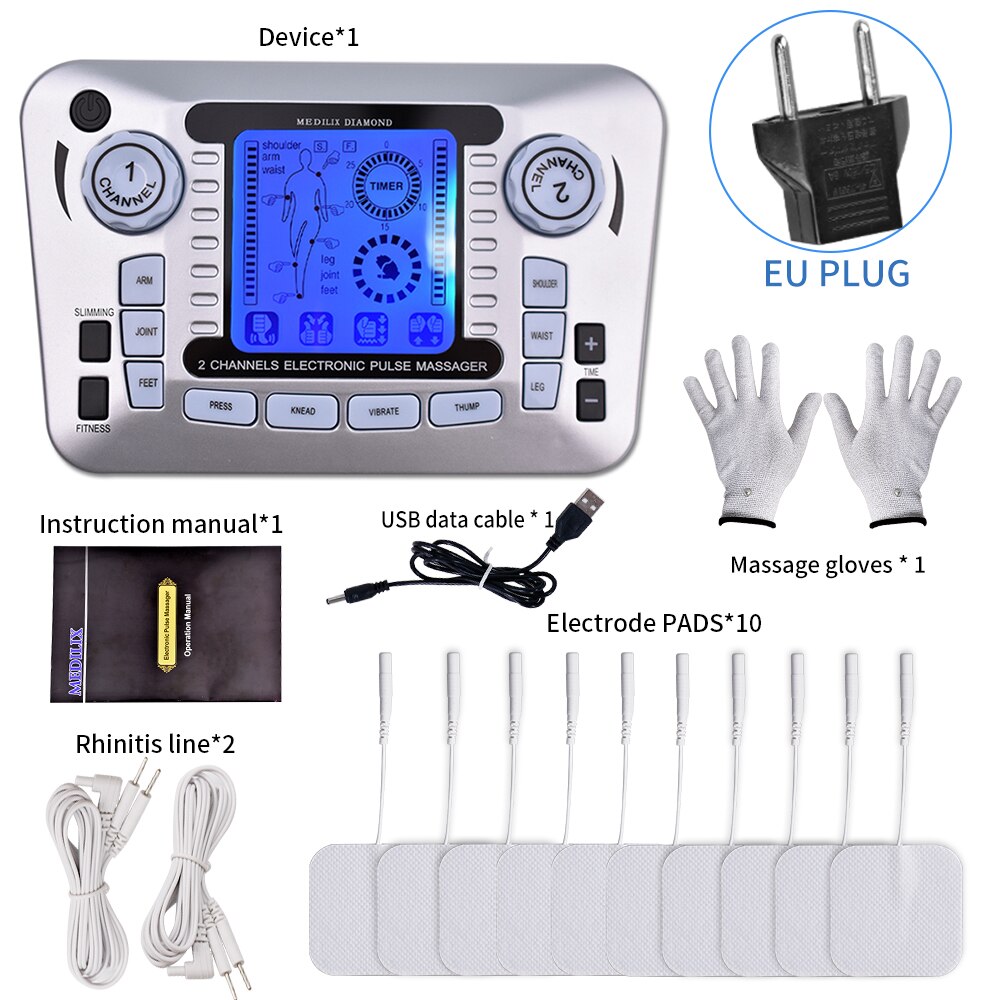 Tens EMS Muscle Stimulator 12Modes Electric Pulse Massager Digital Therapy Machine Massager Pain Relief Tool Health Care Machine: Type 2 EU Plug