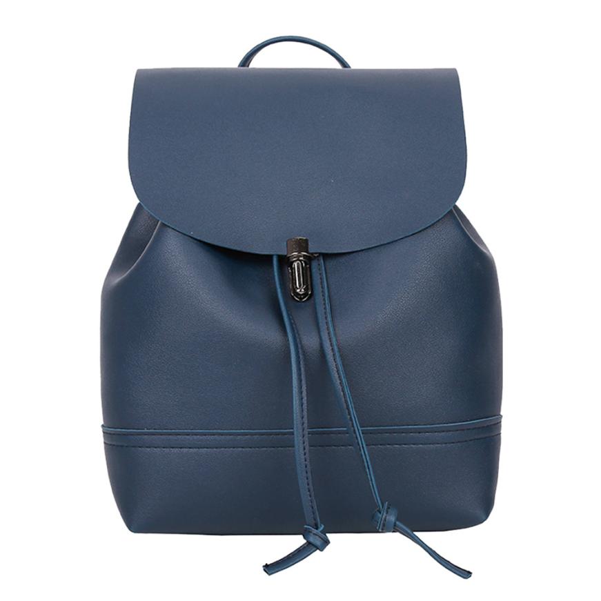 Women backpack Vintage Pure Color Leather School Bag Backpack Satchel backpack women Shoulder Bag bolsa #YL5: Blue