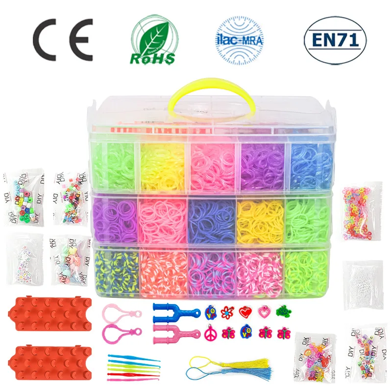 15000 impostato di elastici luminosi arcobaleno per puzzle per bambini Fai da te elastico intrecciato a mano braccialetto luminoso telaio