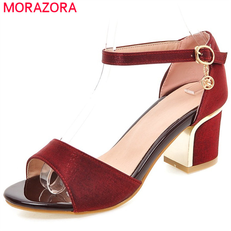 MORAZORA cover heel summer women shoes with buckle flock high heels square heel casual female sandals