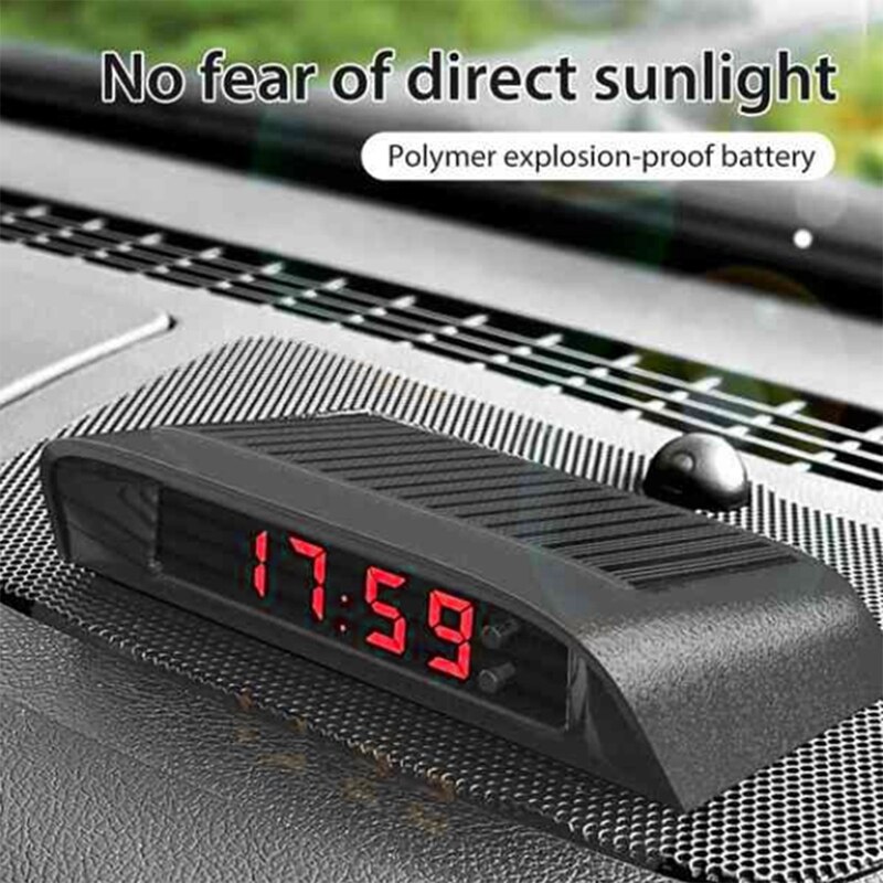 Car Clock Internal, Stick-on Digital Watch Solar Powered 24-Hour Car Clock with Built-in Battery, Car Decor (Red Light)