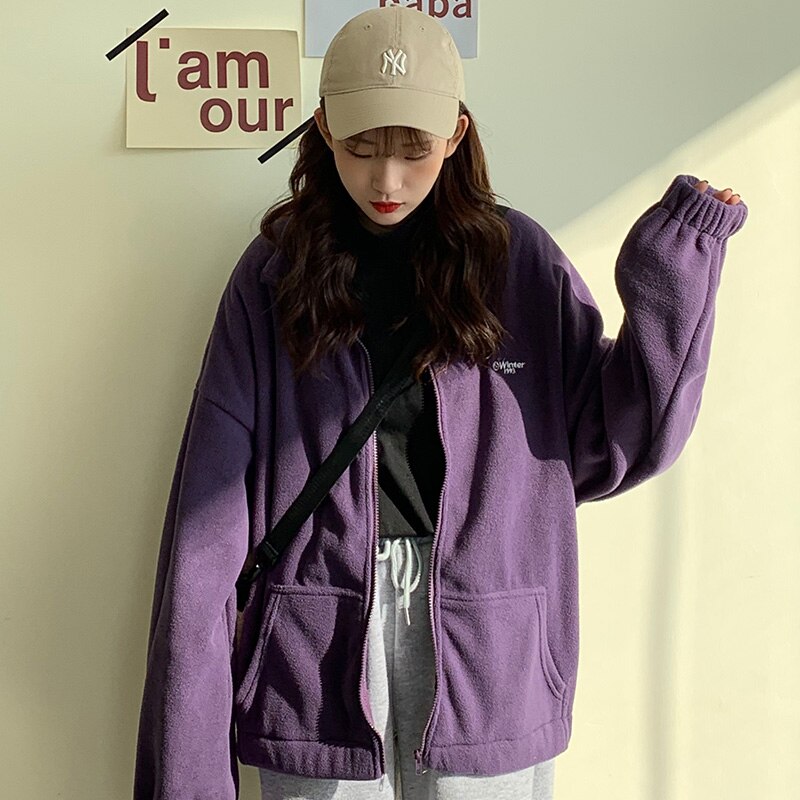 Hættetrøjer kvinder lynlås-nedslået krave trykt lomme langærmet koreansk stil trendy afslappet bf ulzzang harajuku kvinders dagligt