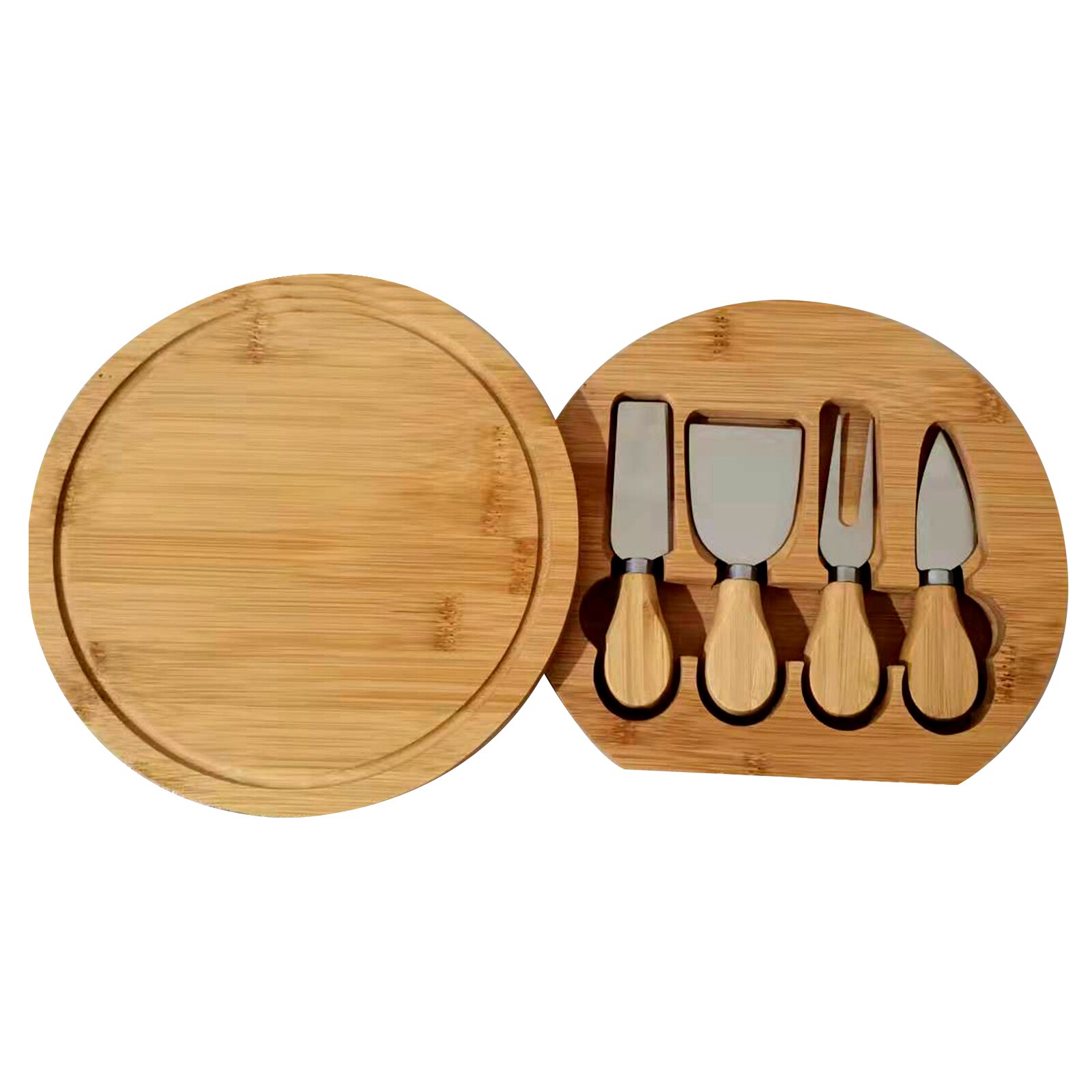 Bamboo Cheese Board Set With Round Board With 4 Stainless Steel Knives And Fork Suitable Use For Picnics And Parties