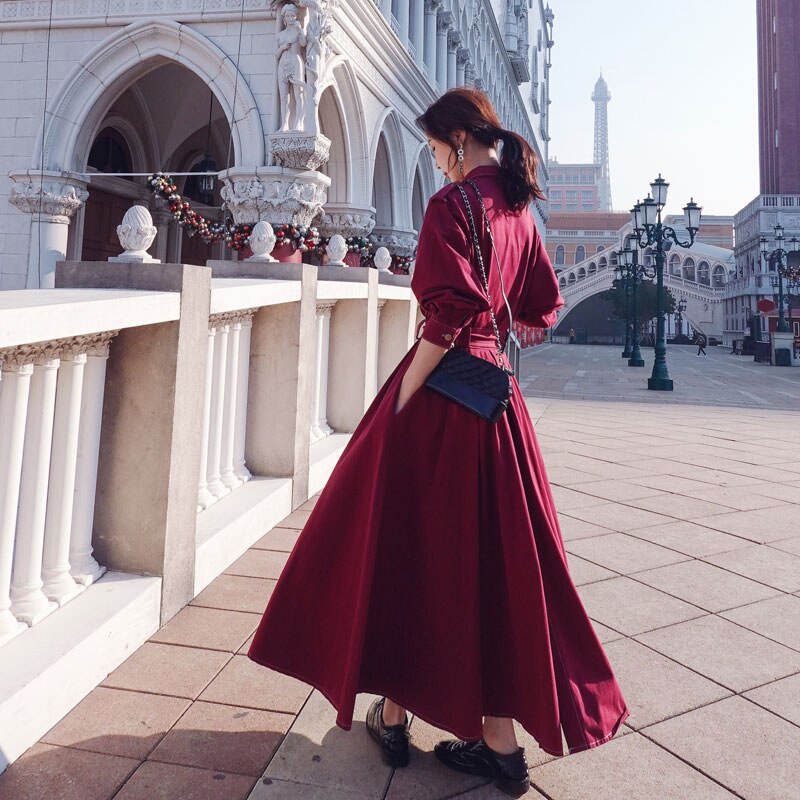 herbst Frauen Lange Kleid Drehen Unten Langarm Frauen lässig max Kleid Mit Gürtel Graben Stil Frauen Kleid Vestidos