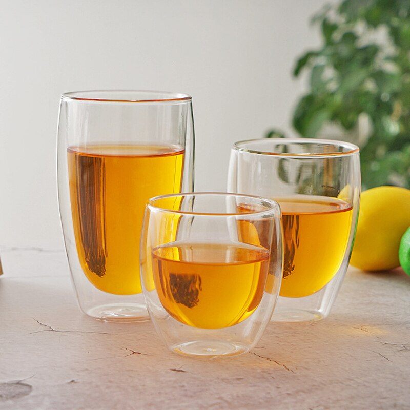 Double Walled Glass Insulated Coffee Mugs Clear Glass Tea Cups for Coffee Tea Juice Milk Latte Cappuccino and Cold Drinks
