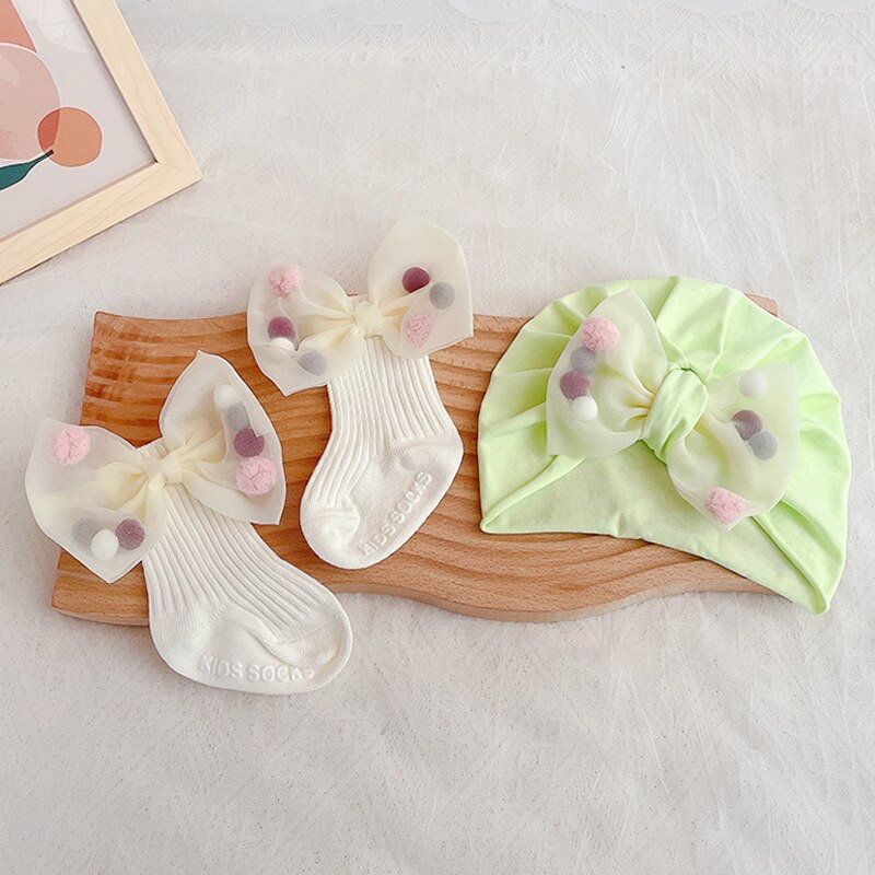 2 Stuks Baby Meisje Hoed Sokken Set Zomer Katoenen Sokken Voor Pasgeborenen Leuke Kant Boog Foetale Cap Baby Meisjes Douche Milamiya: 03