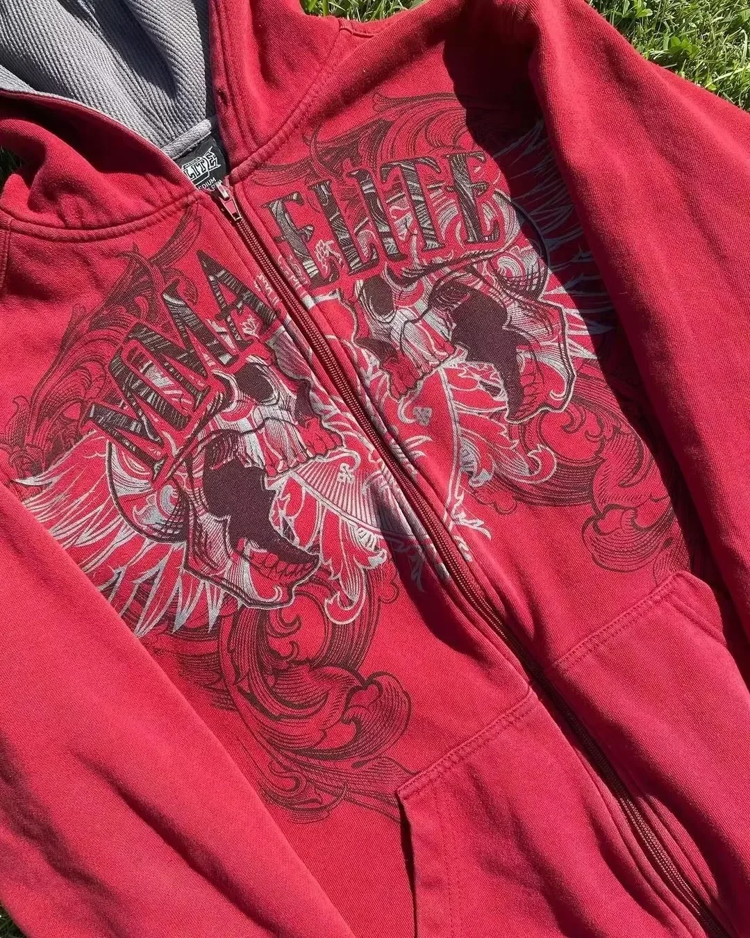 Red Hip Hop Zipper Hoodies Vintage Elite Full Zip Hoodie Sweatshirt Size Skull Printing Red Sweatshirts