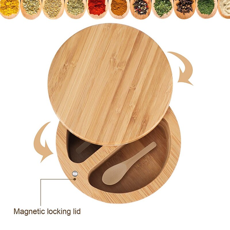 Compartment Bamboo Salt Pepper Box with Magnetic Swivel Lids and 2 Pieces Mini Bamboo Spoons for Kitchen Tool