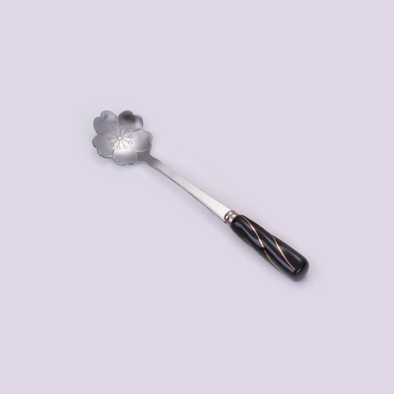 Cuchara de postre de cereza dorada japonesa creativa, mango de cerámica bonito, cuchara agitadora de café de acero inoxidable, , 1 ud.: Silver Black