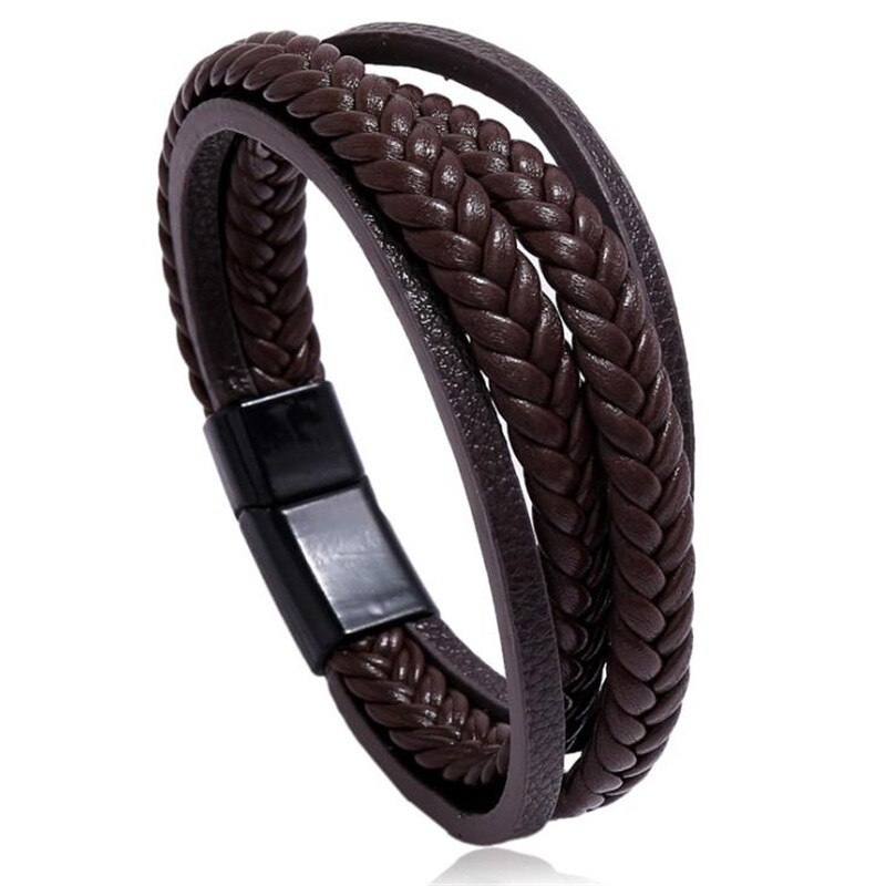 Pulseras de cuero para hombre, Brazalete moderno de varias capas, tejido a mano, estilo hip hop Rock, para novio: Brown-Black
