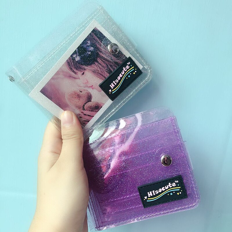 Summer Transparent Clutch Wallets PVC Folding Lanyard Short Wallet Girl Glitter ID Card Holder Business Card Case Purse