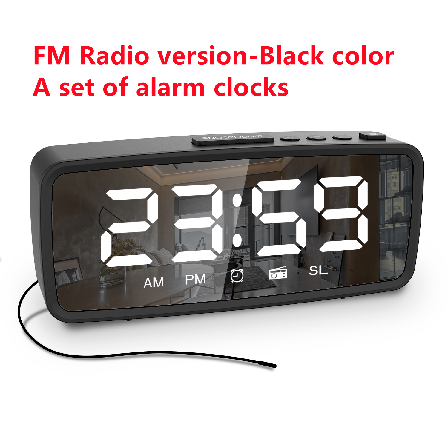 FM Radio LED Digital Smart Alarm Clock Watch Table Electronic Mirror Desktop Clocks 3 Levels Dimmer with Timer Snooze: Radio Black