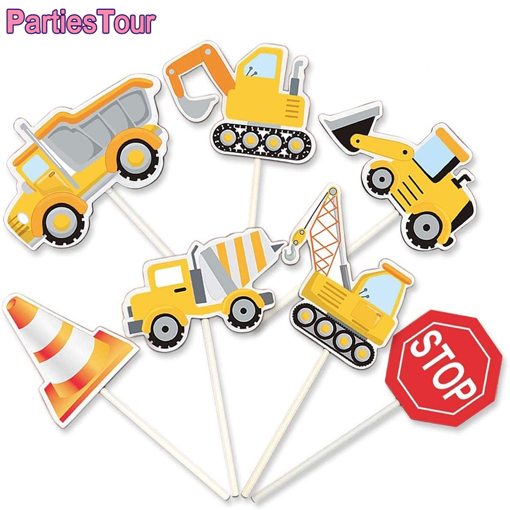 7 stks Bouw Cupcake Topper Pick Dump Truck Graafmachine Tractor Party Cake Toppers voor Kinderen Verjaardag Baby Shower Party Decor