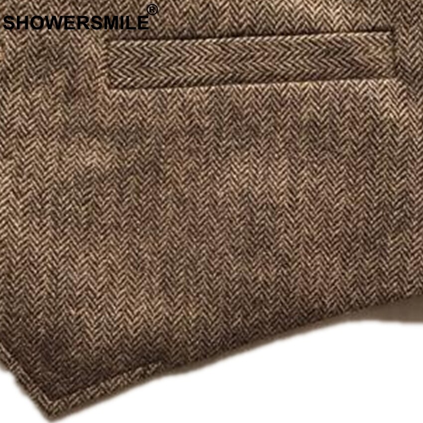 SHOWERSMILE Vintage Tweed Vest Herringbone Striped Suit Vest Light Brown Waistcoat Vest Slim Fit Sleeveless Jacket Gilet Homme